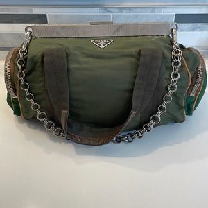 Prada Tessuto Duffel Bag: Olive green/brown/silver hardware
